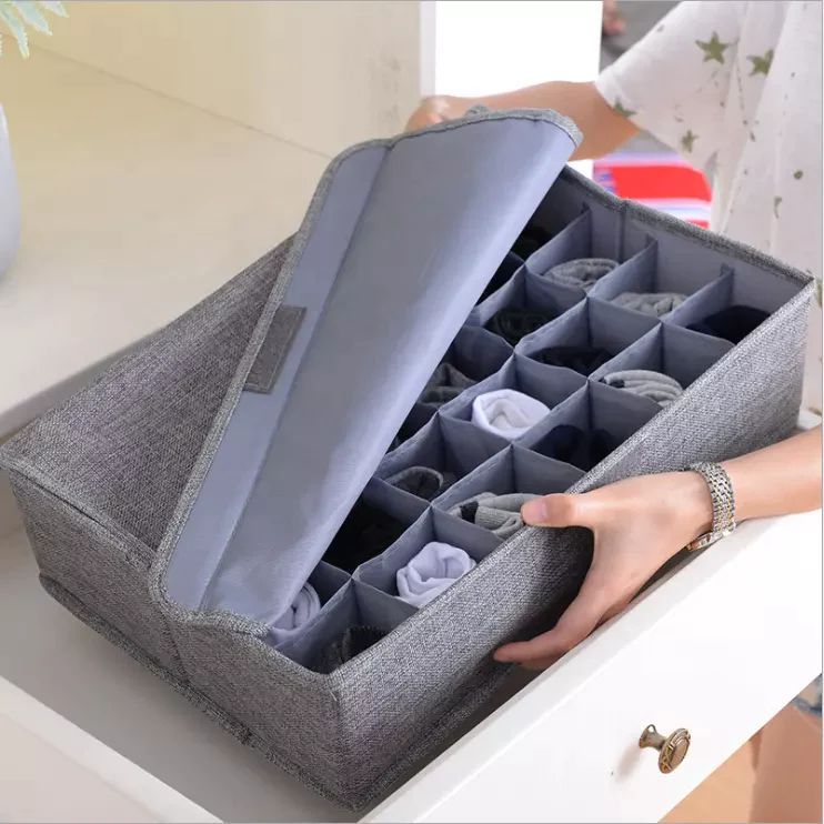 Socks Organizer – 24-Cell Collapsible Drawer Divider Storage Box, Grey