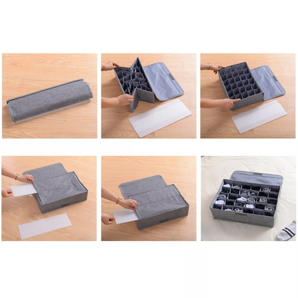 Socks Organizer – 24-Cell Collapsible Drawer Divider Storage Box, Grey