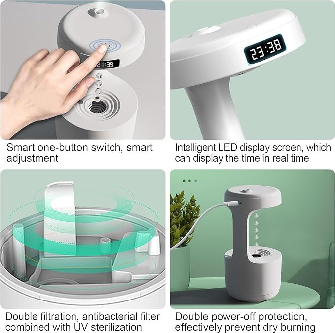 Smooth Sailing Antigravity Humidifier – Ultra-Quiet Mist Diffuser with Water Drop Light Effects