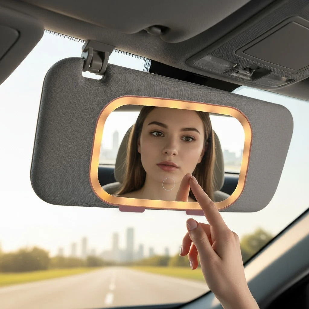 Car Sun Visor Vanity Mirror with LED Lights – Touch Control, 3 Light Modes