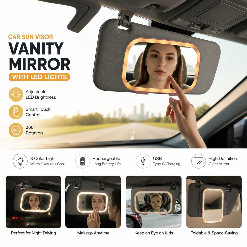 Car Sun Visor Vanity Mirror with LED Lights – Touch Control, 3 Light Modes