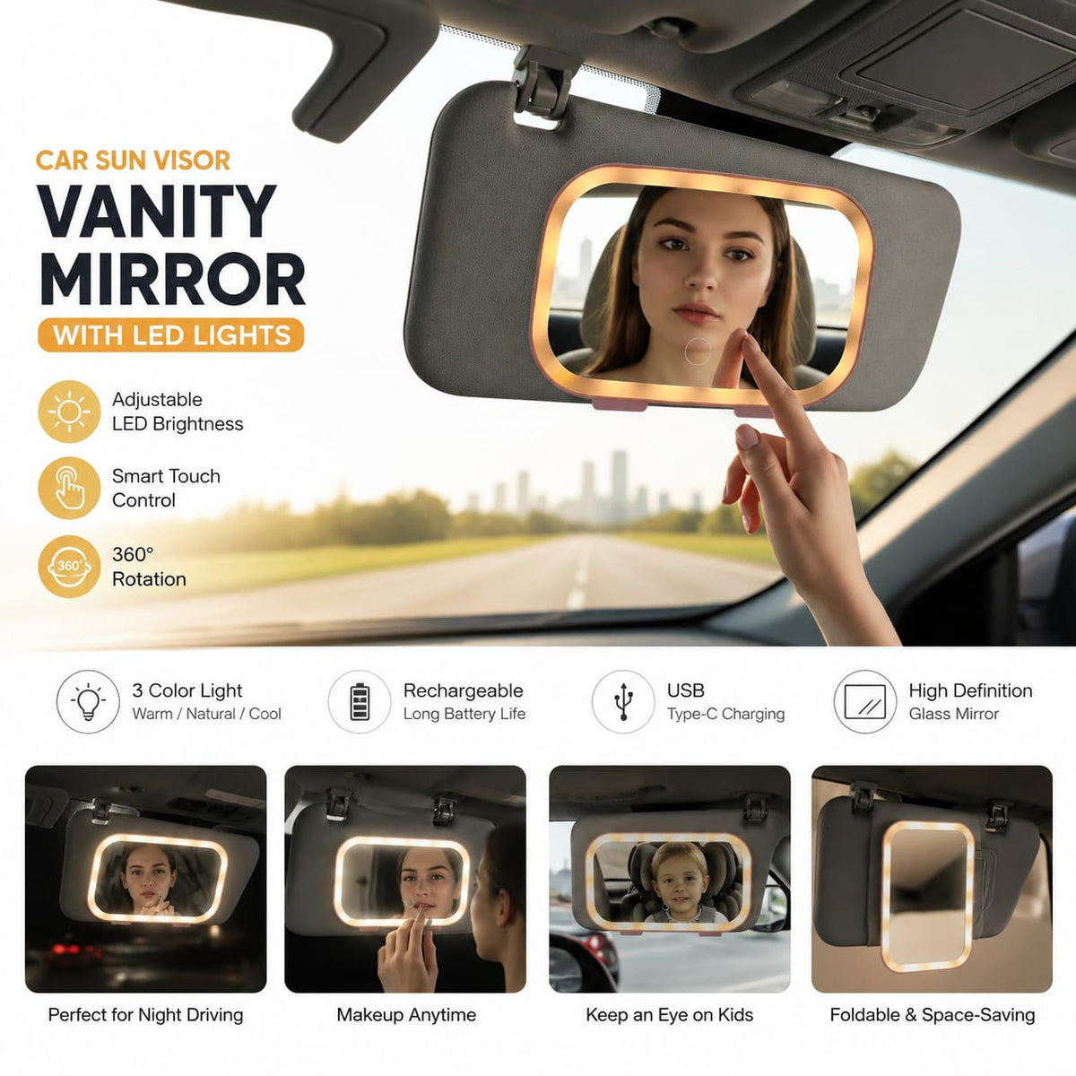 Car Sun Visor Vanity Mirror with LED Lights – Touch Control, 3 Light Modes